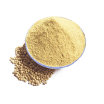 Une assiette remplie de poivre blanc moulu biologique avec quelques grains de poivre entier biologique dispersés autour.