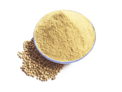 Une assiette remplie de poivre blanc moulu biologique avec quelques grains de poivre entier biologique dispersés autour.