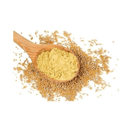 Une cuillère en bois remplie de poudre de moutarde biologique, entourée de graines de moutarde biologique.