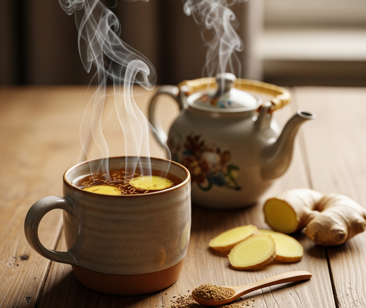 Infusion de cumin et gingembre fumante dans une tasse